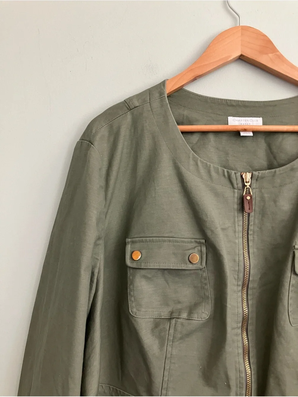CHARTER CLUB Olive Green Elevated Cotton Utility Jacket Size 24W